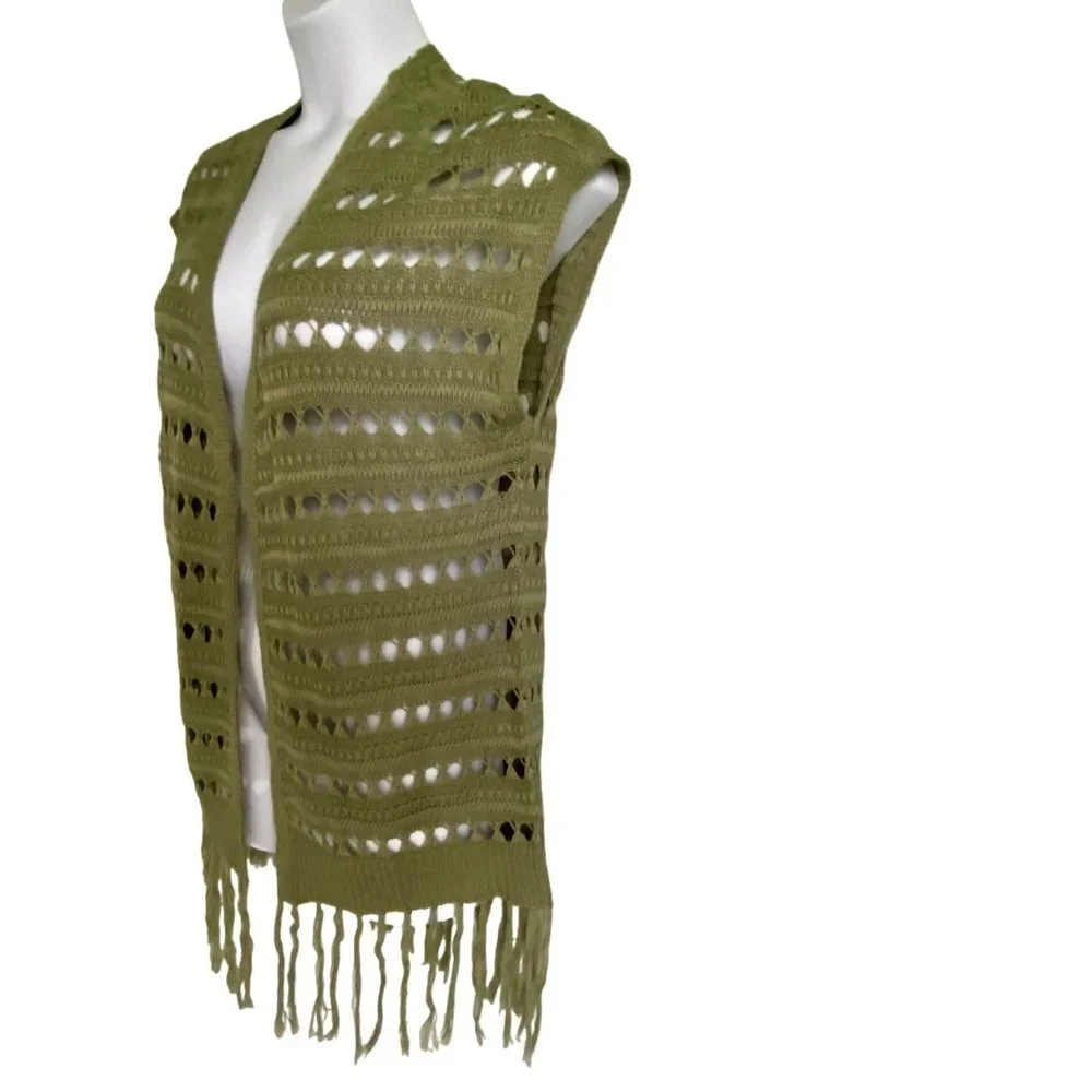 Jolie & Joy Green Open Knit Sleeveless Cardigan Tassels Junior's Size Medium NEW